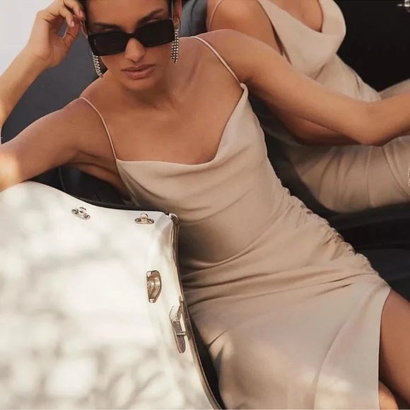 BHLDN Anthropologie Jennings Cowl Neck Ruched Satin Gown 0 NEW Formal Bridesmaid - Picture 1 of 8